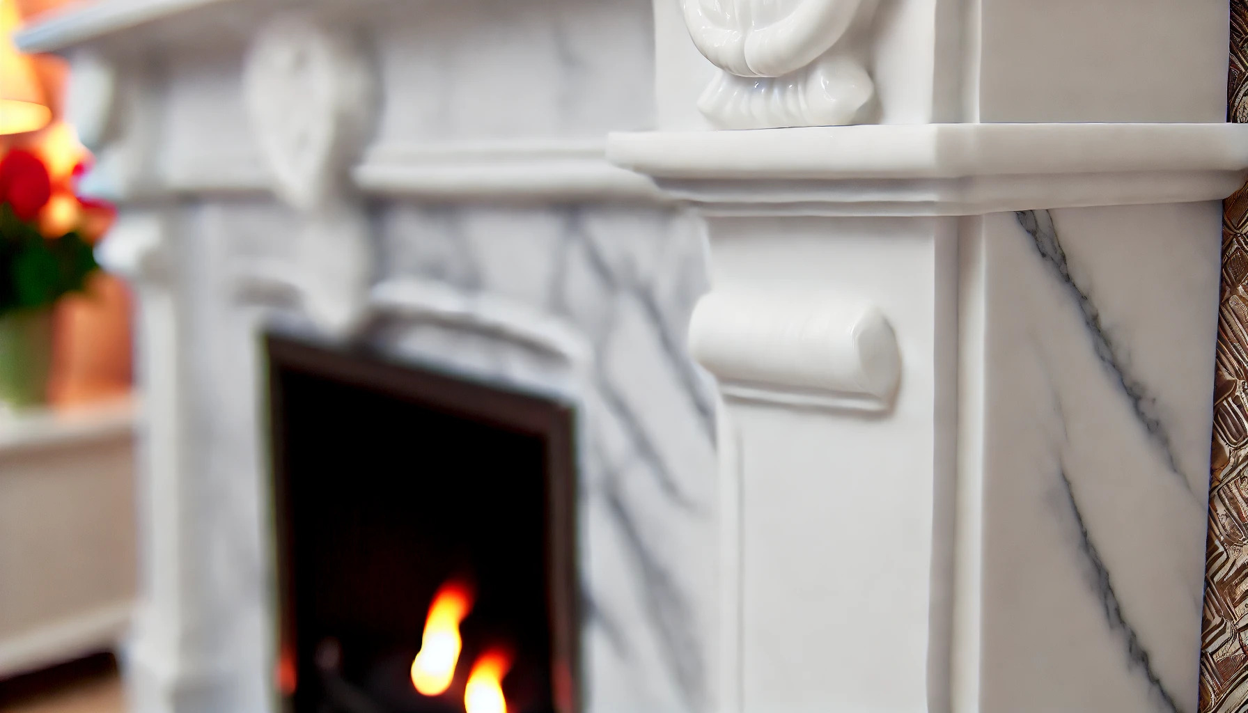 Marble fireplace: elegance and luxury Close-up of an elegant marble fireplace