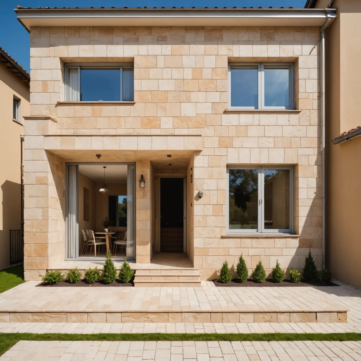 Travertine façade in warm beige tones