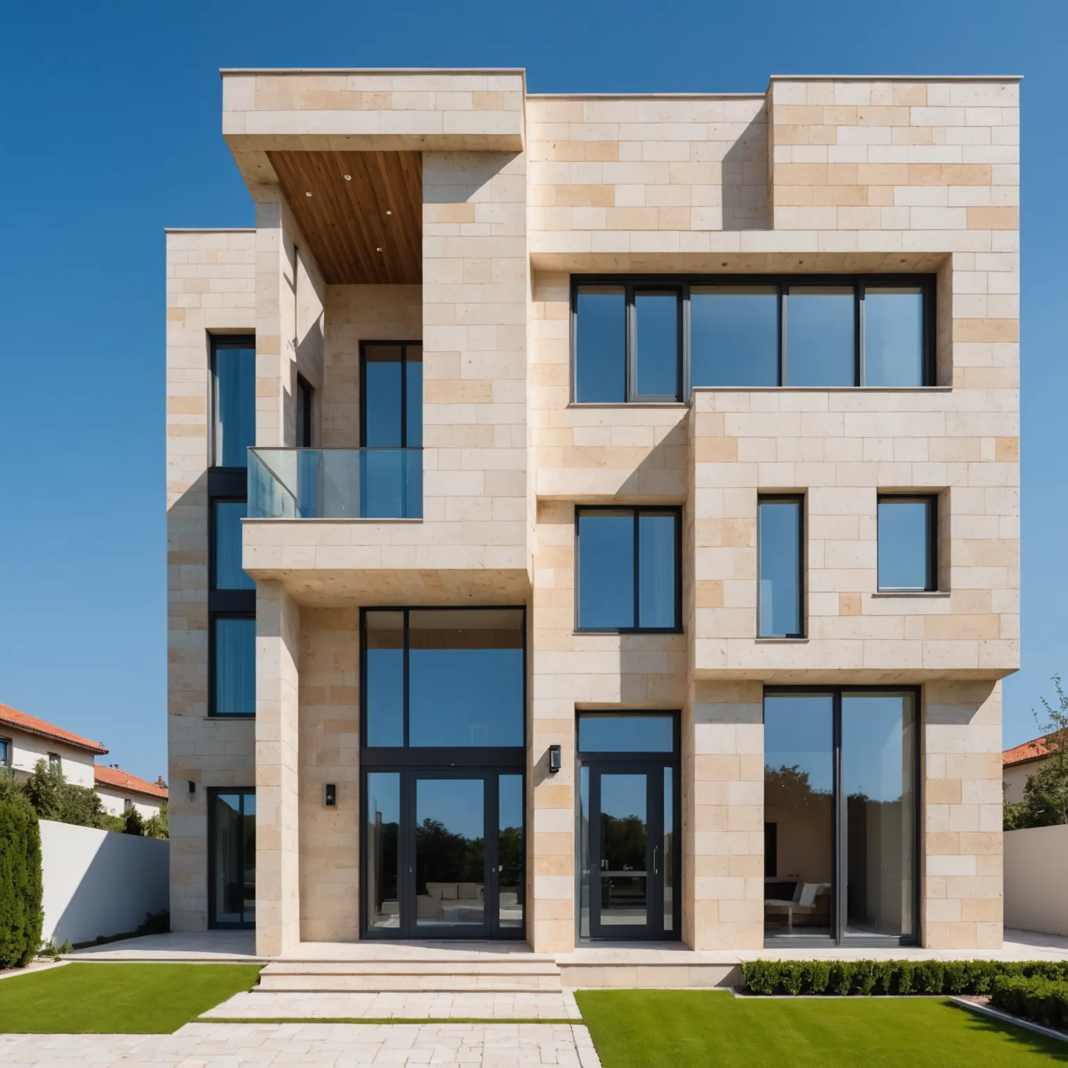 Split-face travertine detail on façade