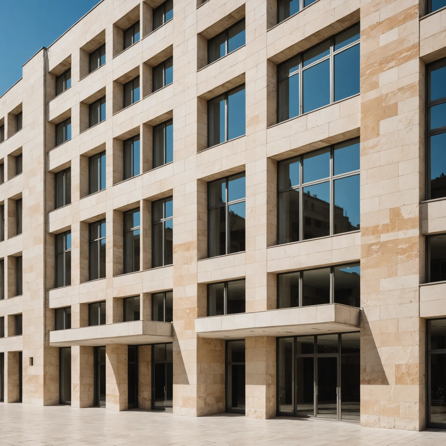 Modern façade clad with travertine panels