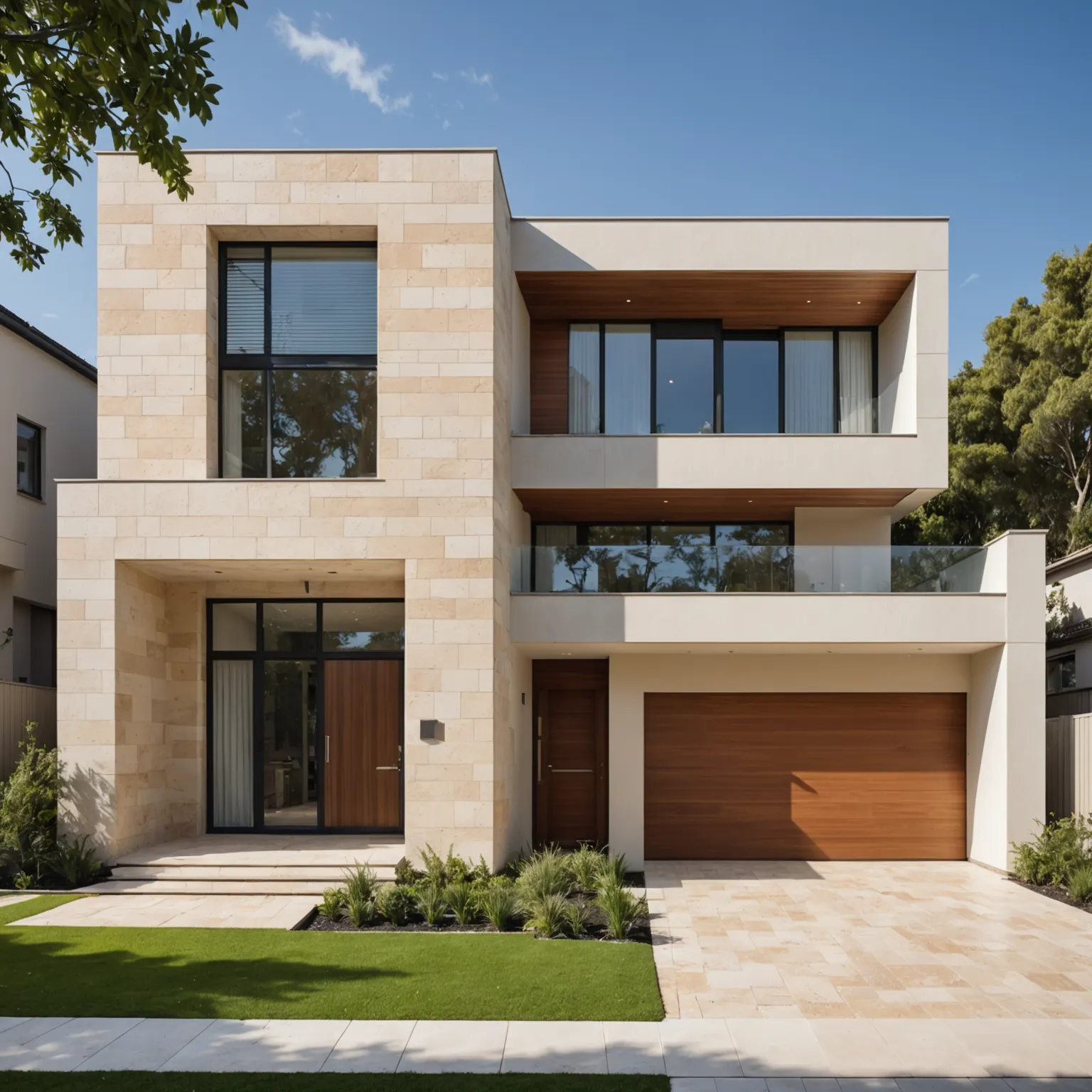 Modern house facade finished with travertine