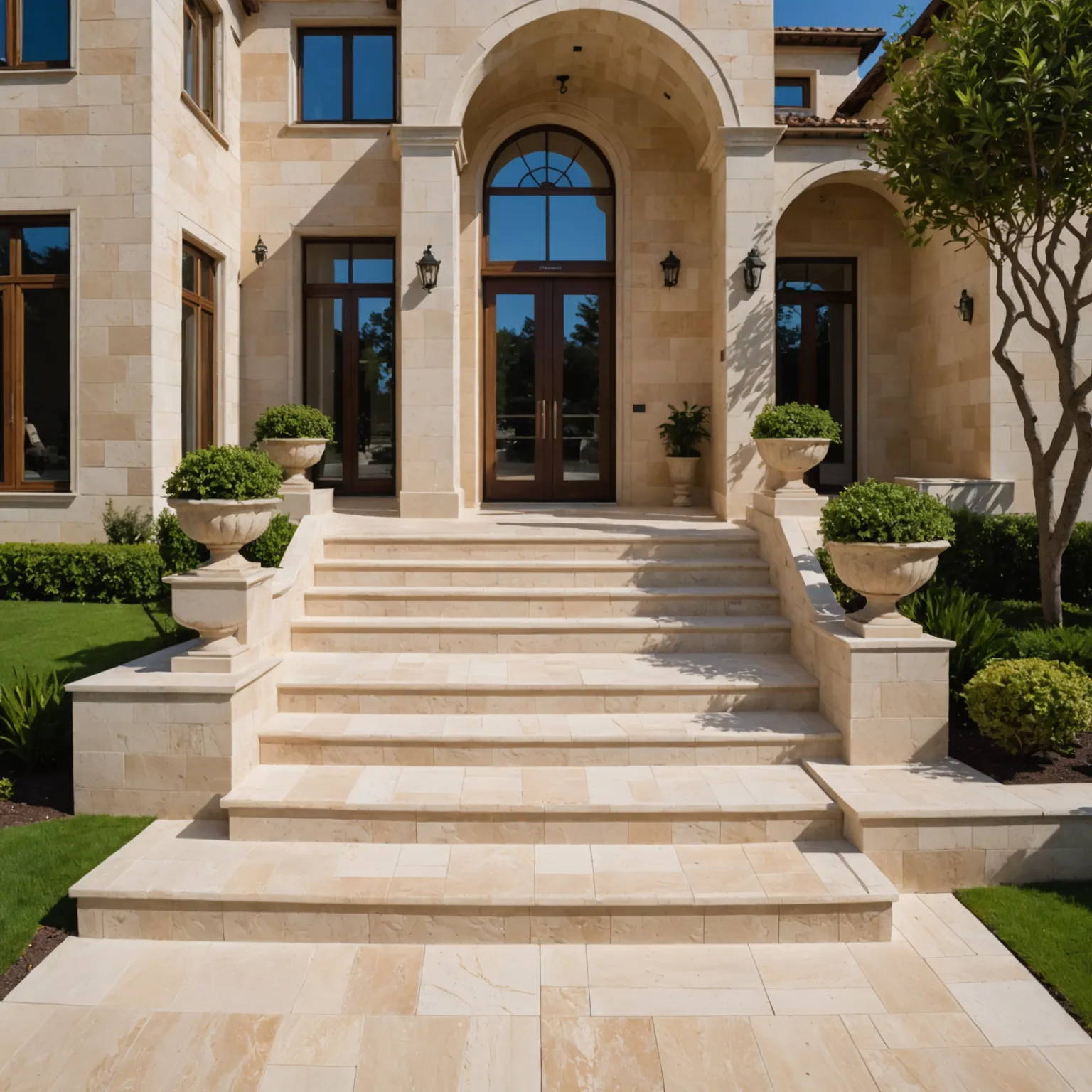 travertine steps and platform in an entrance group