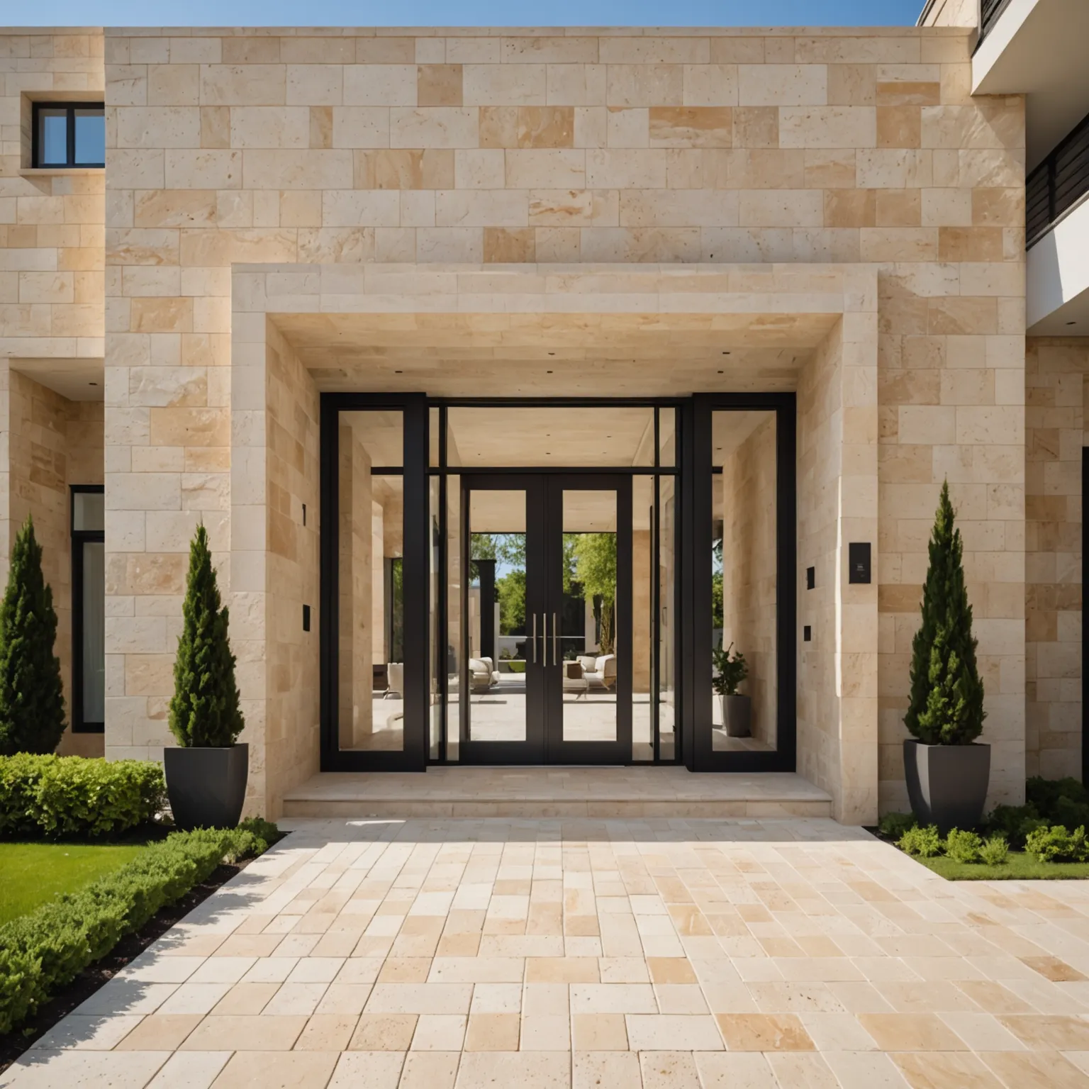 matte travertine steps in an entrance area