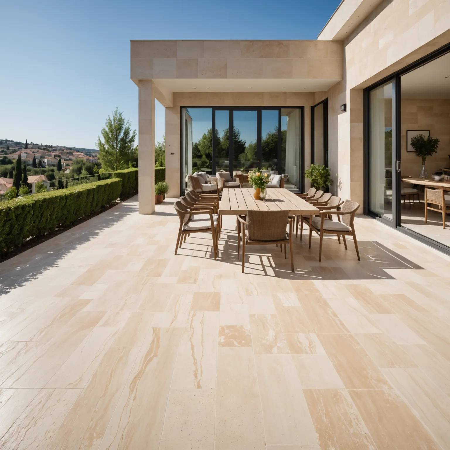 Travertine terrace paving with warm natural texture