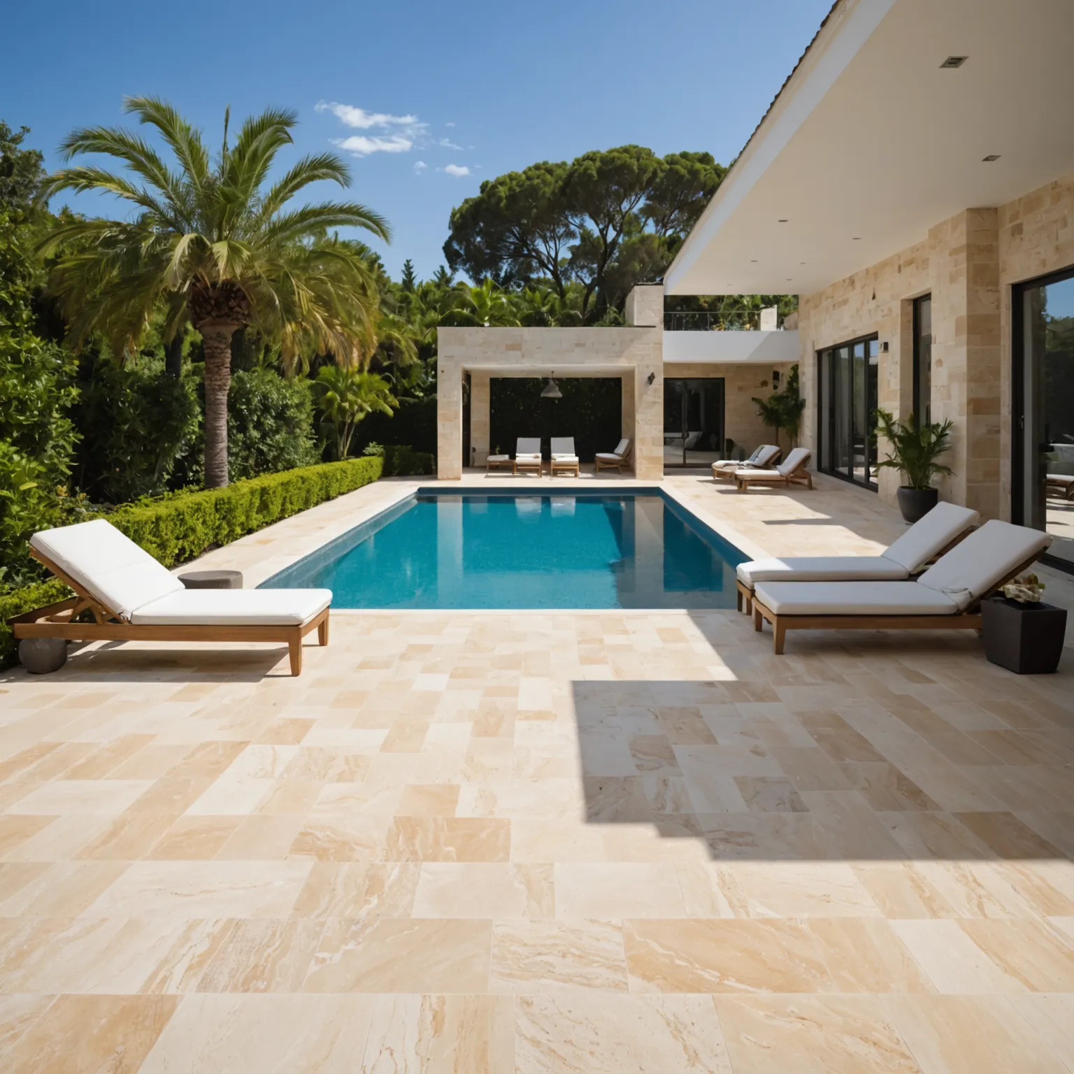 Travertine poolside paving with anti-slip texture