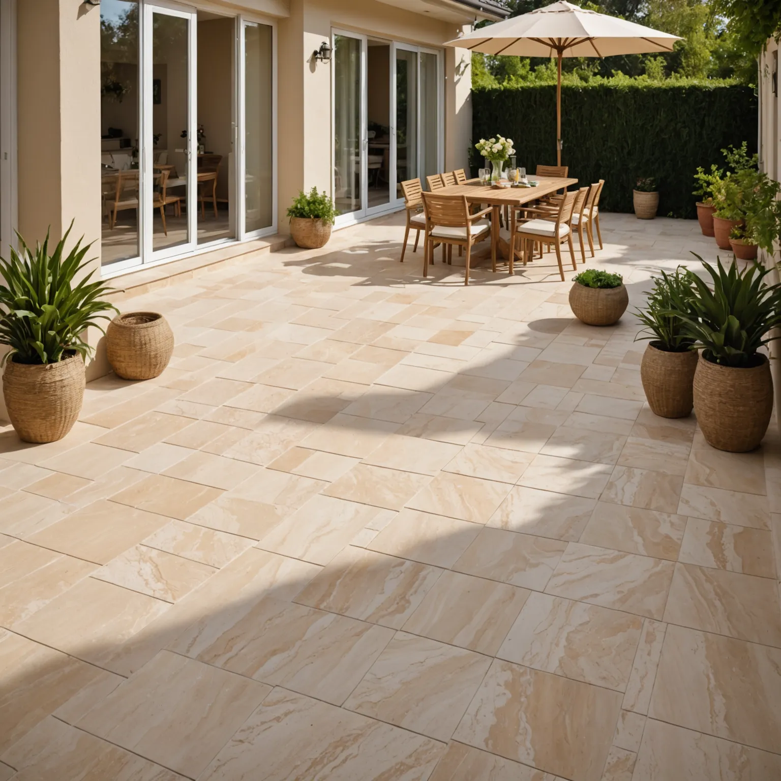 Large format travertine paving on terrace