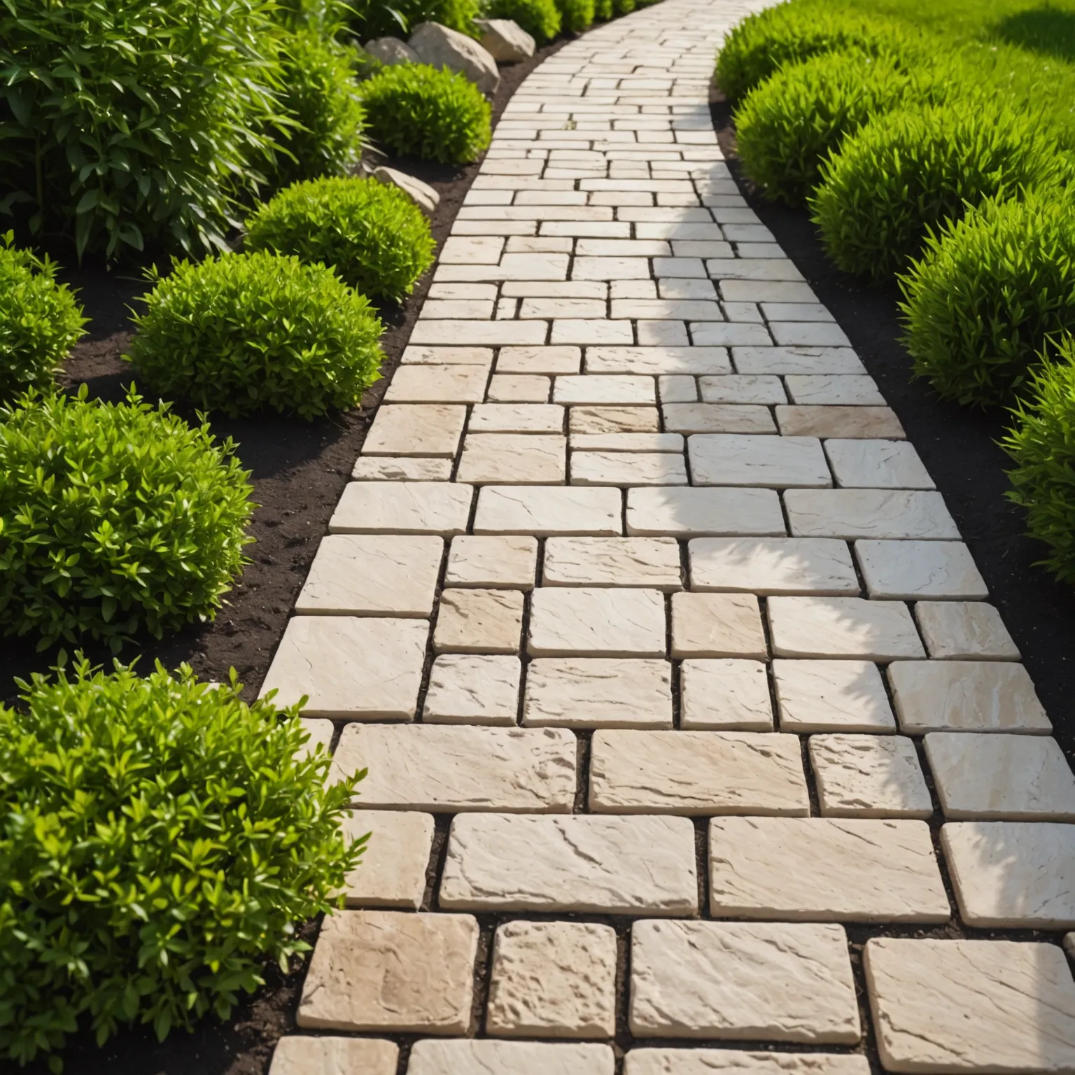 Light travertine paving slabs used for a private garden pathway with natural texture
