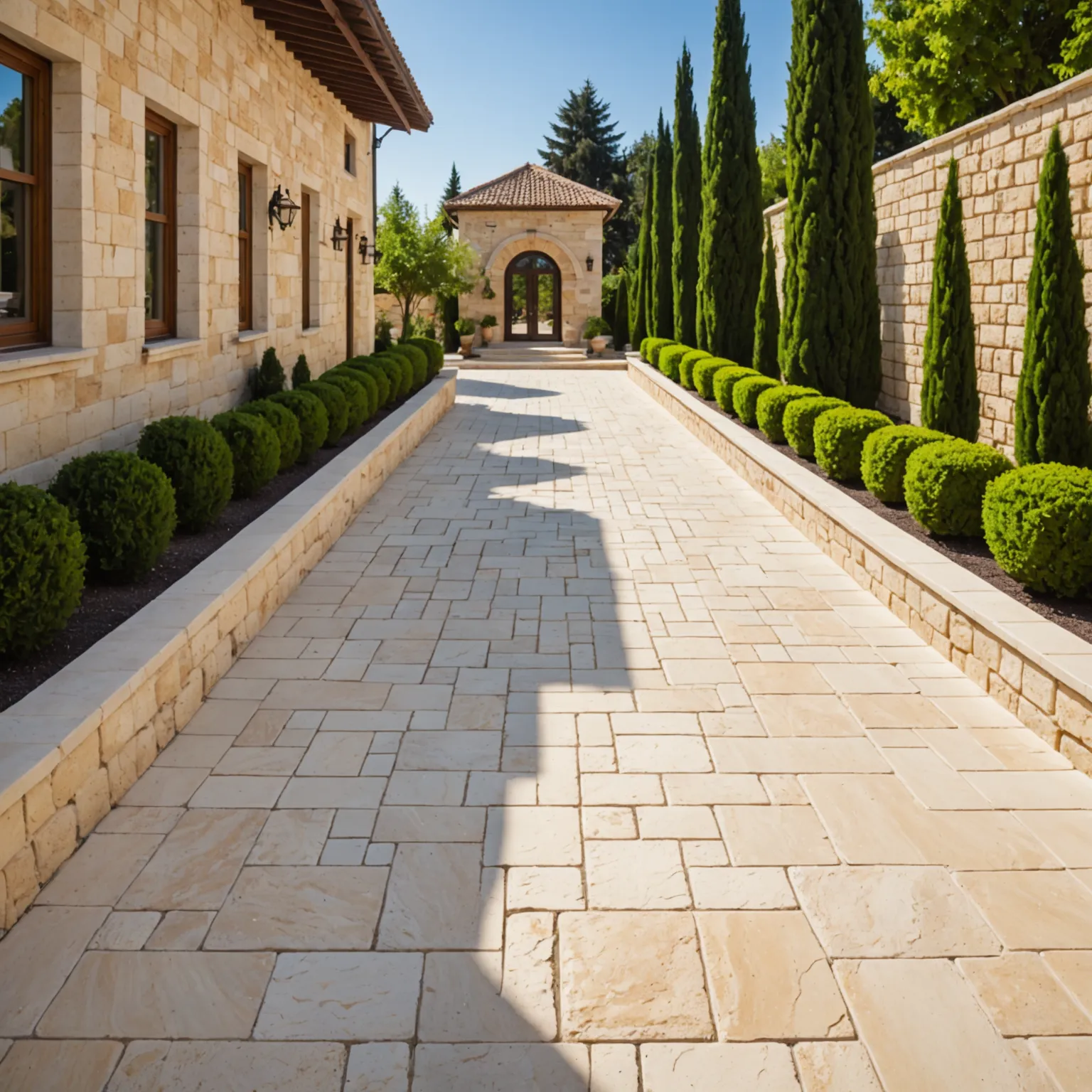 Travertine slabs installed on a compacted gravel base for outdoor pathway construction
