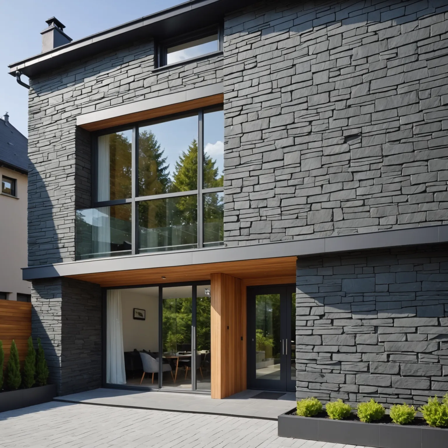Slate wall in a residential interior, natural textured stone surface