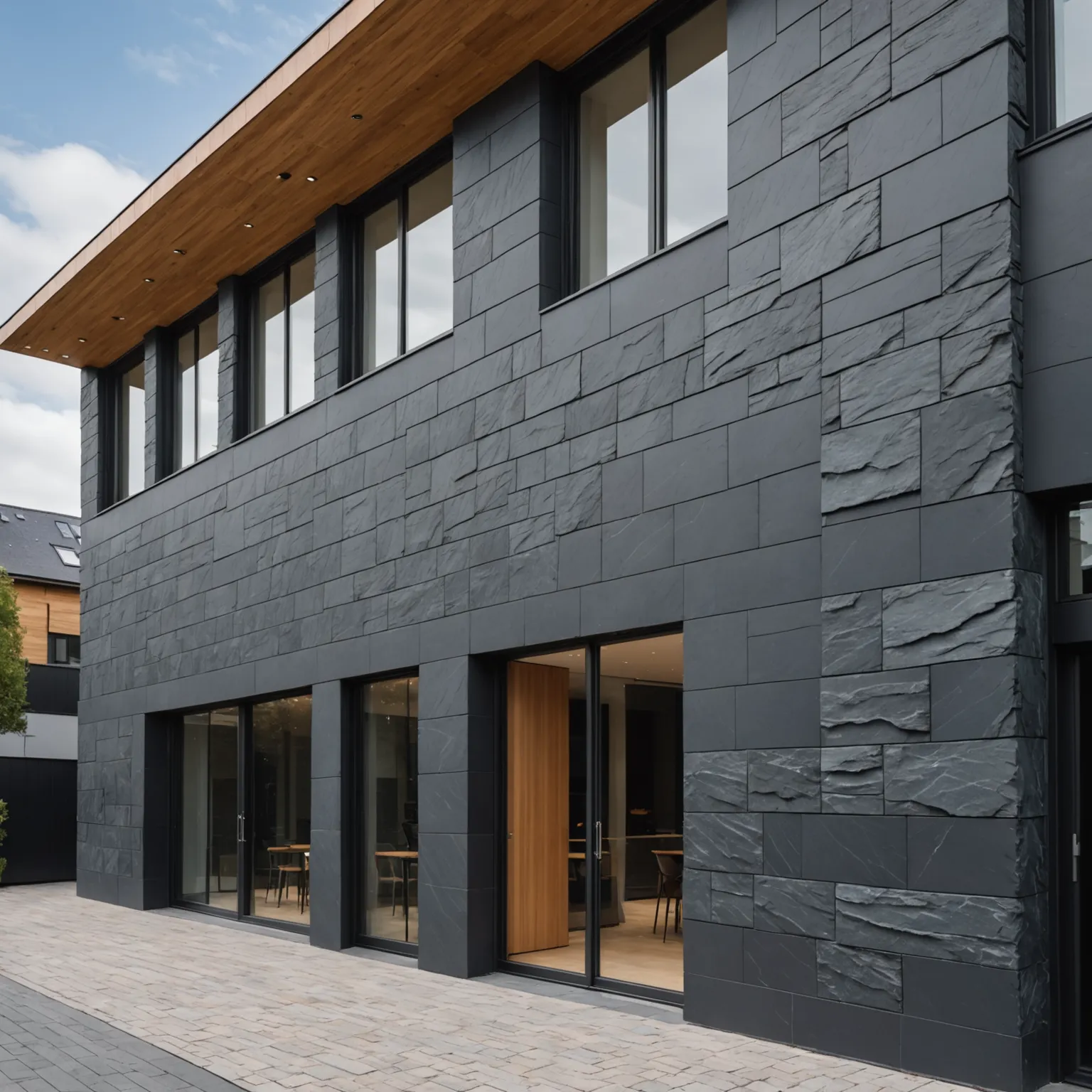 House facade clad with slate, natural stone exterior finish