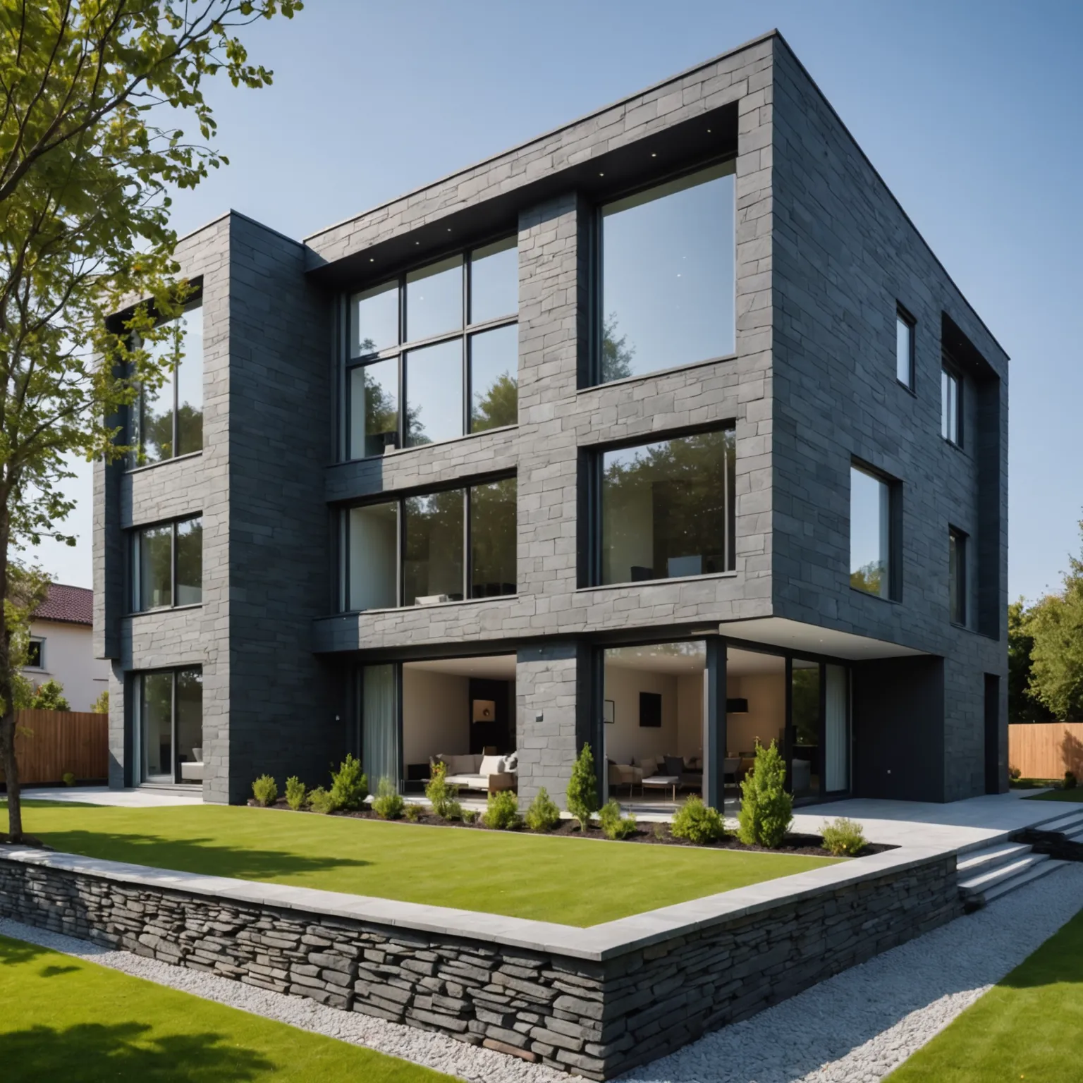 Slate combined with wood and concrete in interior design