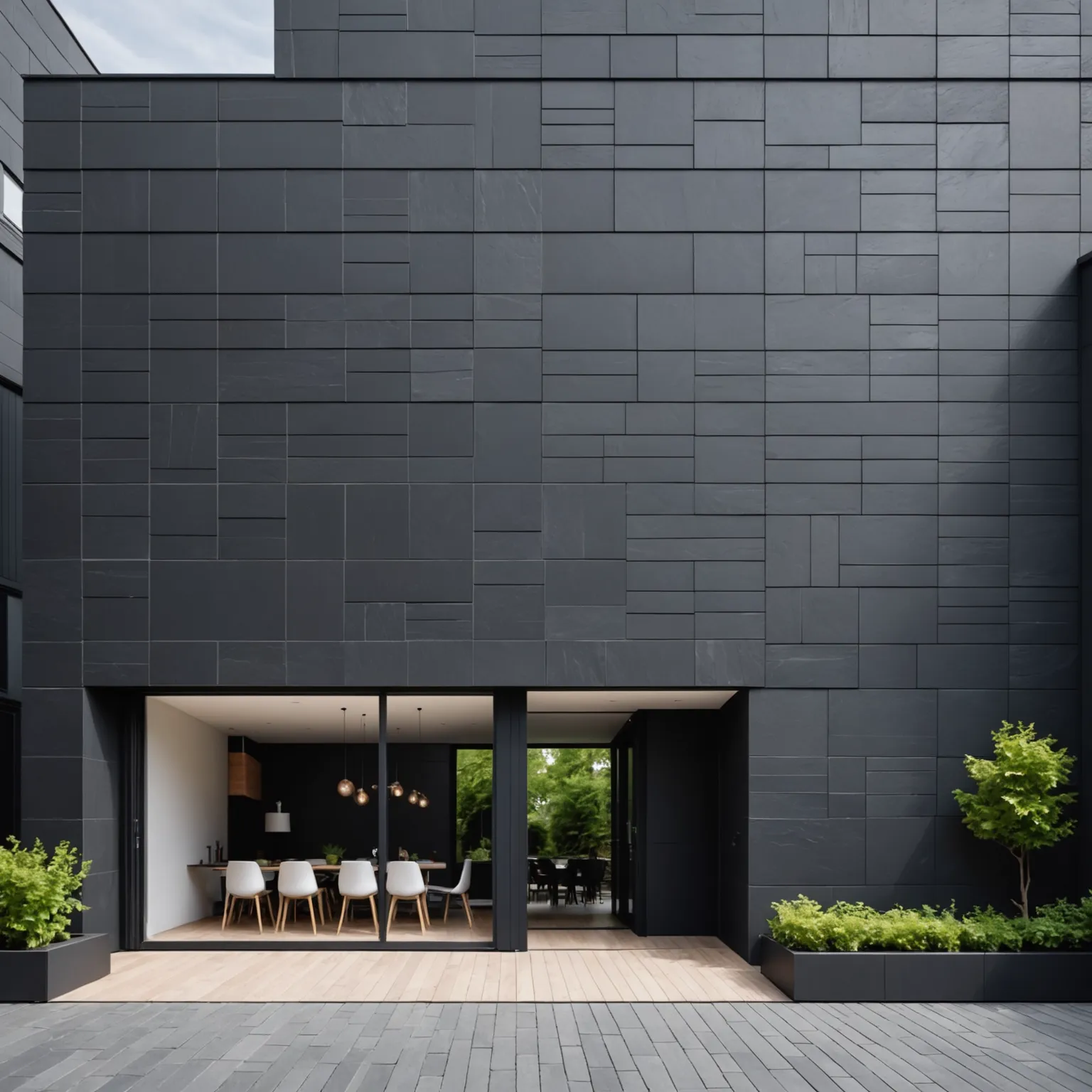 Facade slate installation on a private house with visible layered stone texture