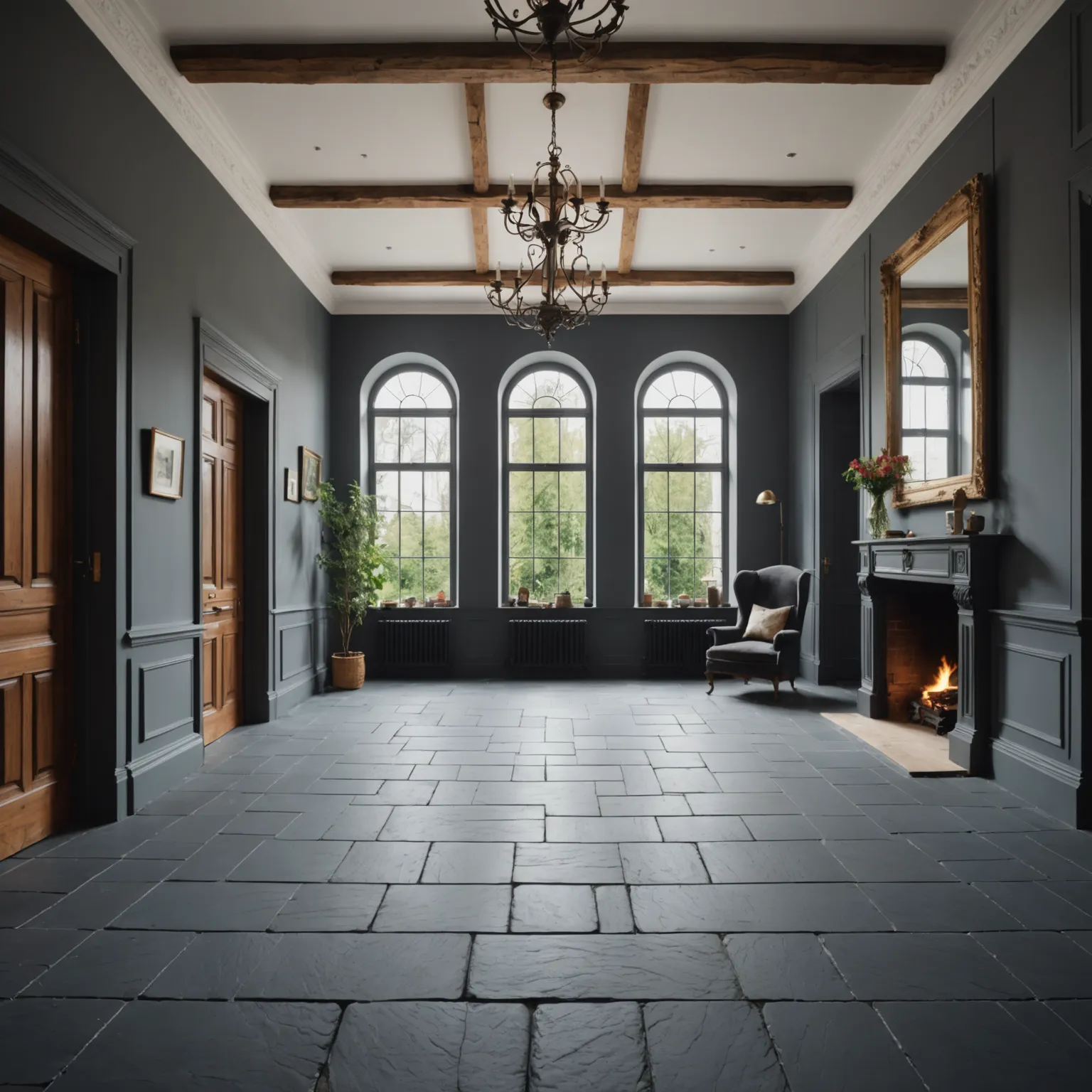 Travertine tile combined with wood and natural materials