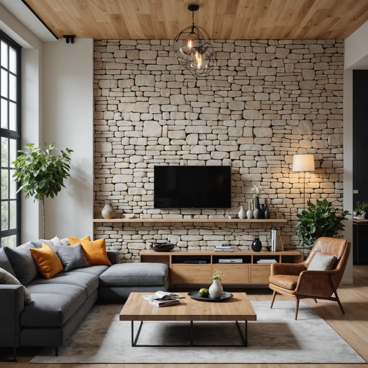 Living room interior with natural stone wall finishes