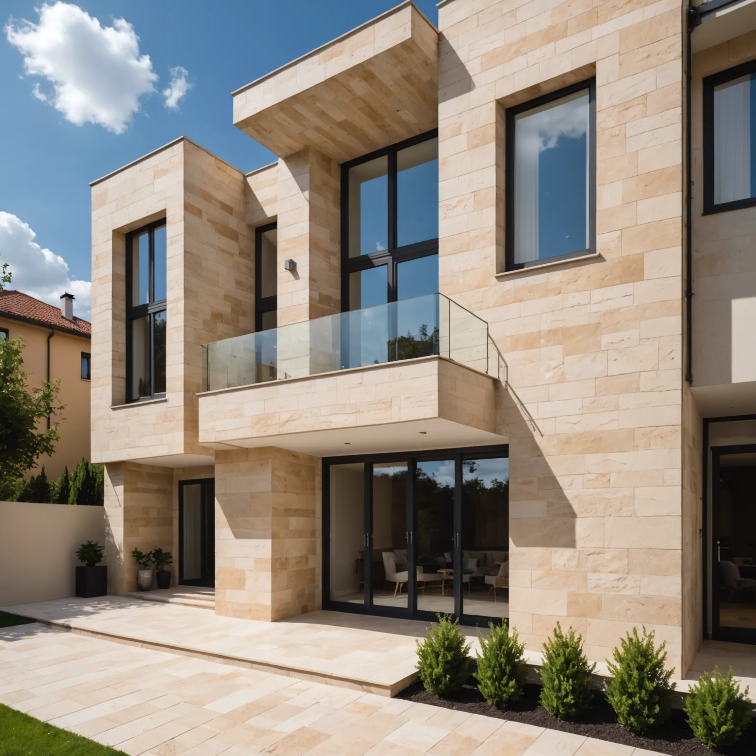 Residential facade finished with natural travertine stone in warm beige tones