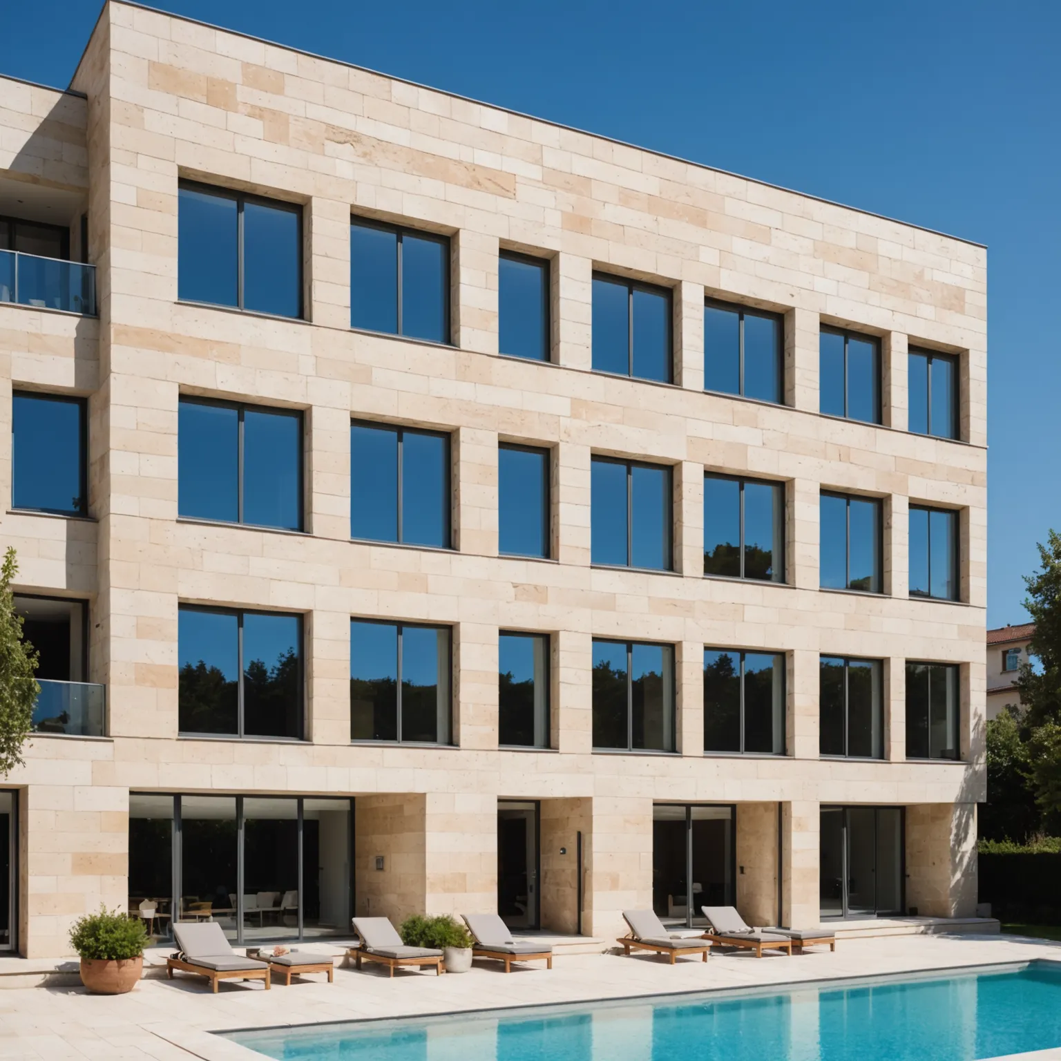 Completed travertine facade with emphasized entrance area