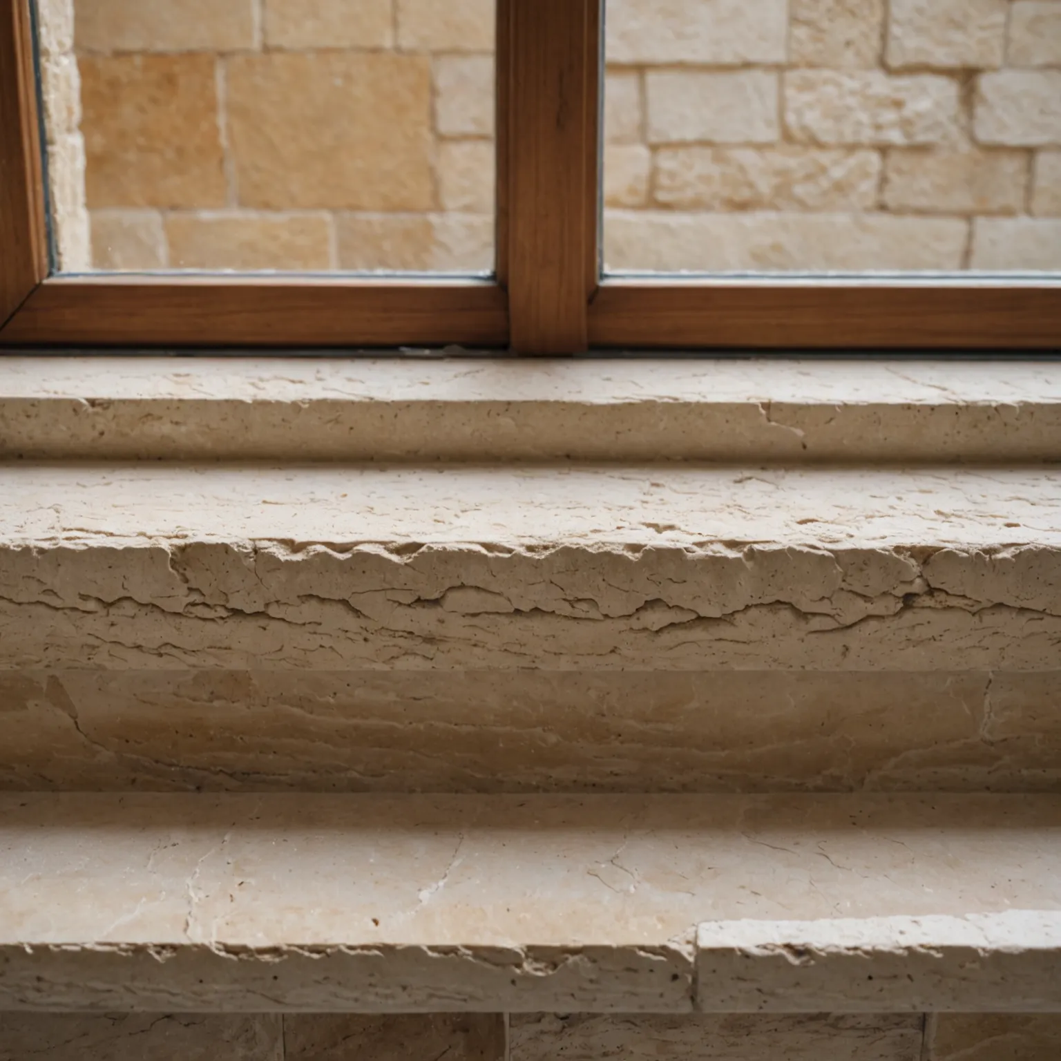 Travertine windowsill next to a window in natural daylight