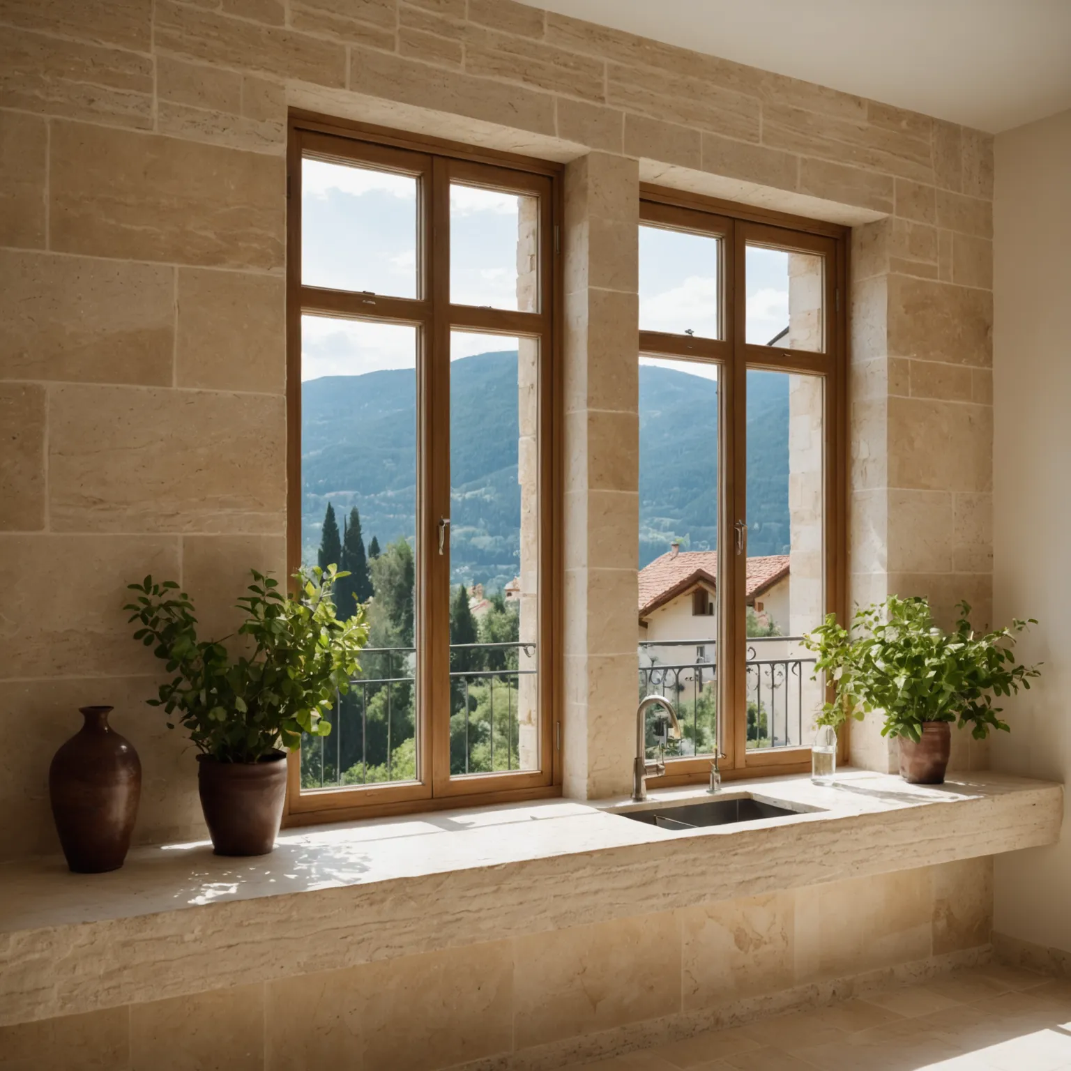 Travertine windowsill in a bright room