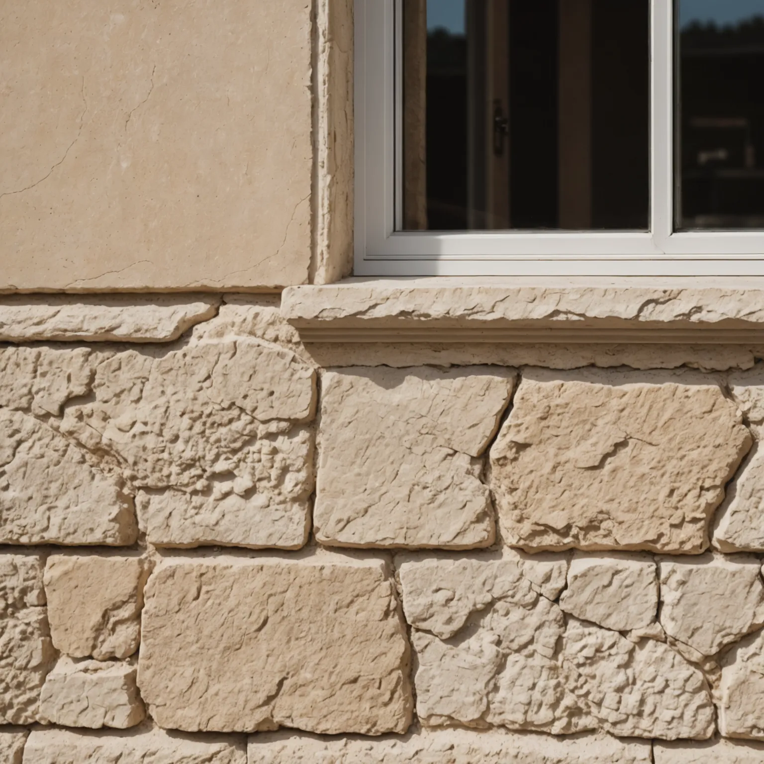 Wide travertine windowsill near the end of the room