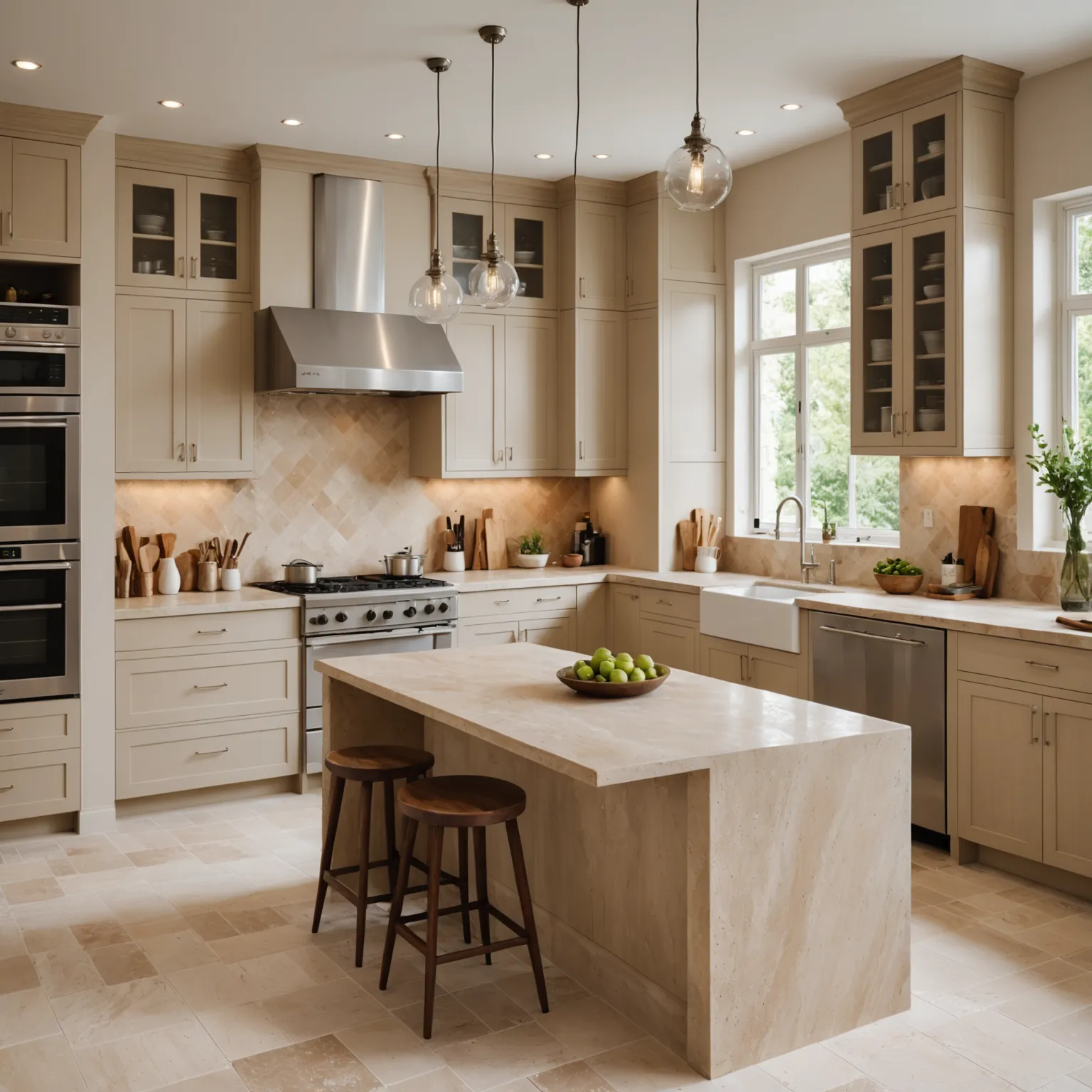 Travertine kitchen countertop with natural stone texture
