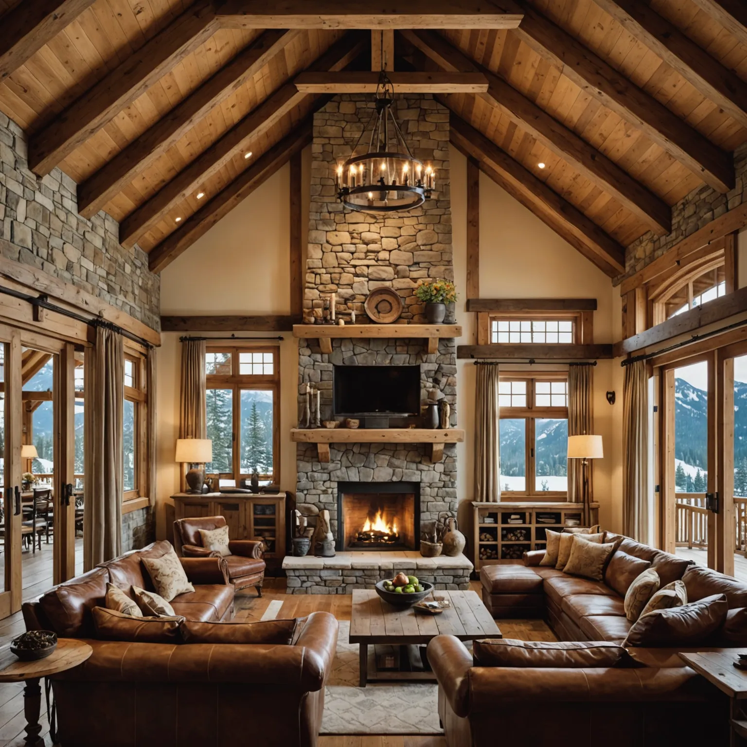 Chalet-style stone fireplace with a massive portal in a modern interior
