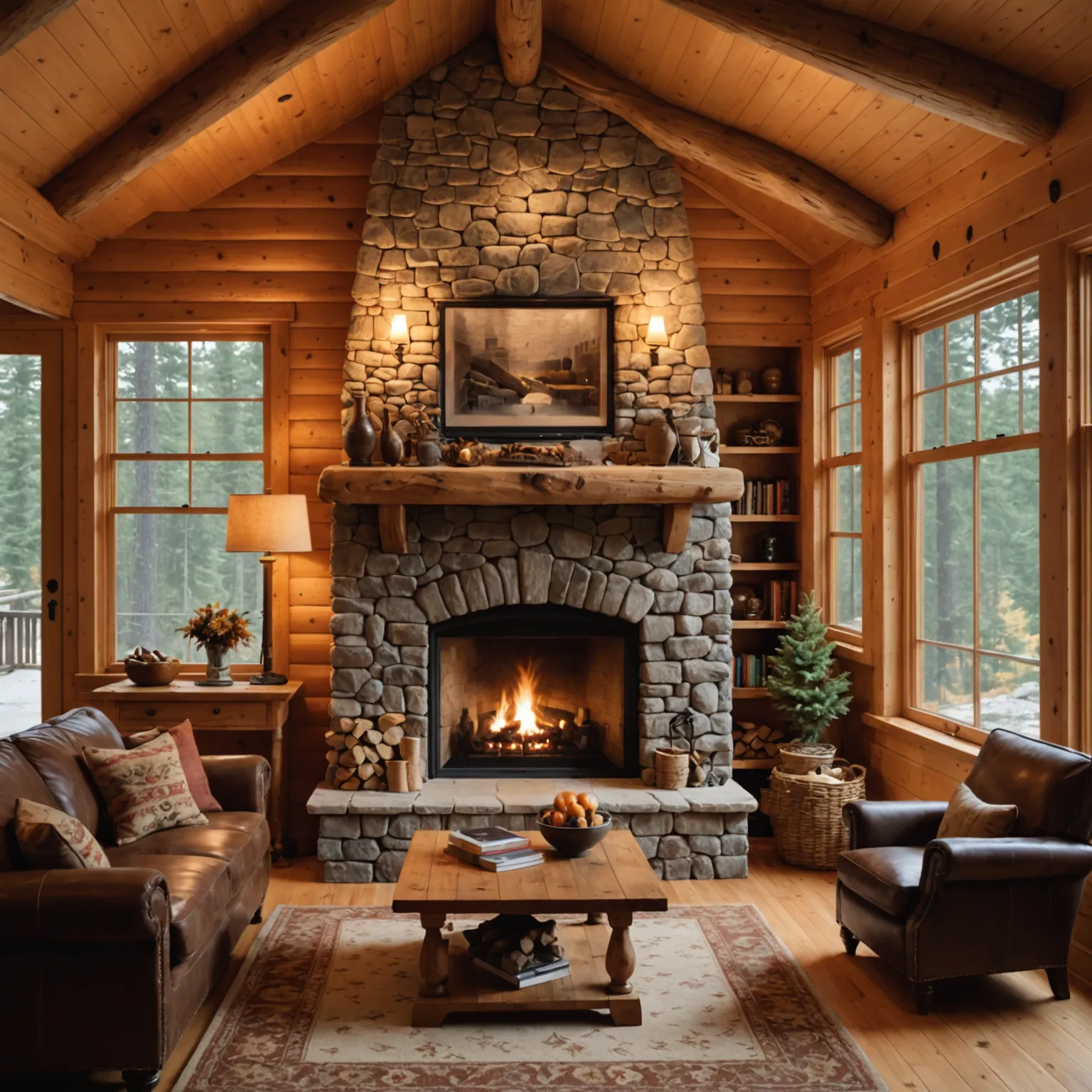 Natural stone cladding for a chalet-style fireplace