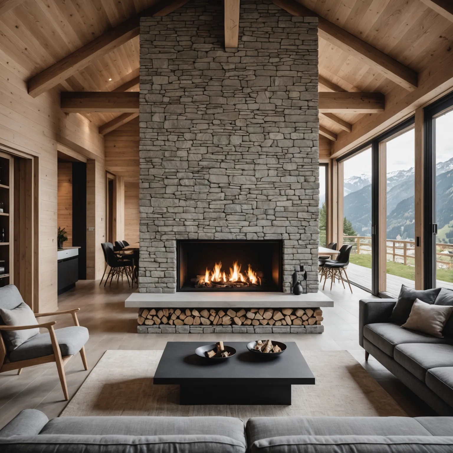 Chalet-style fireplace in a country house interior
