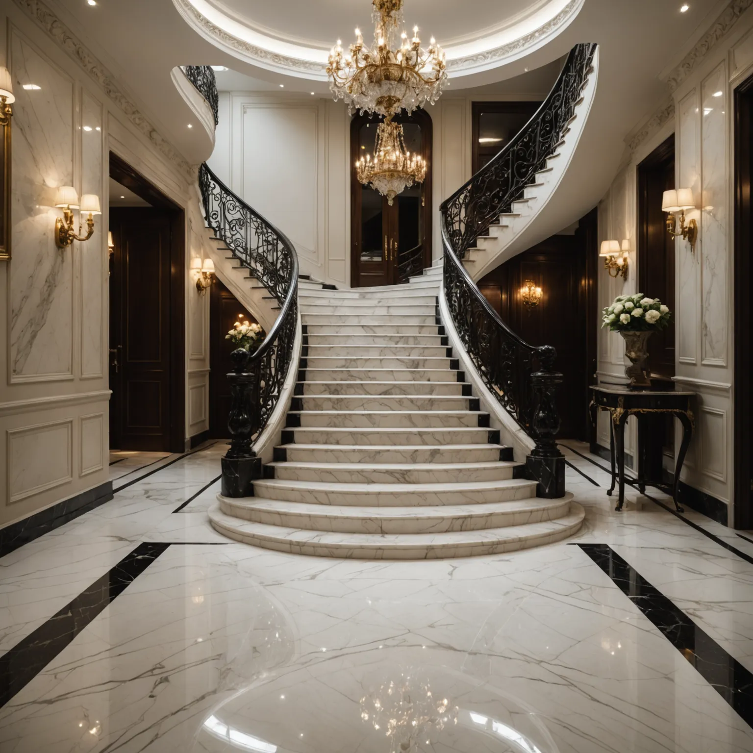 Marble staircase in a private house, natural stone steps