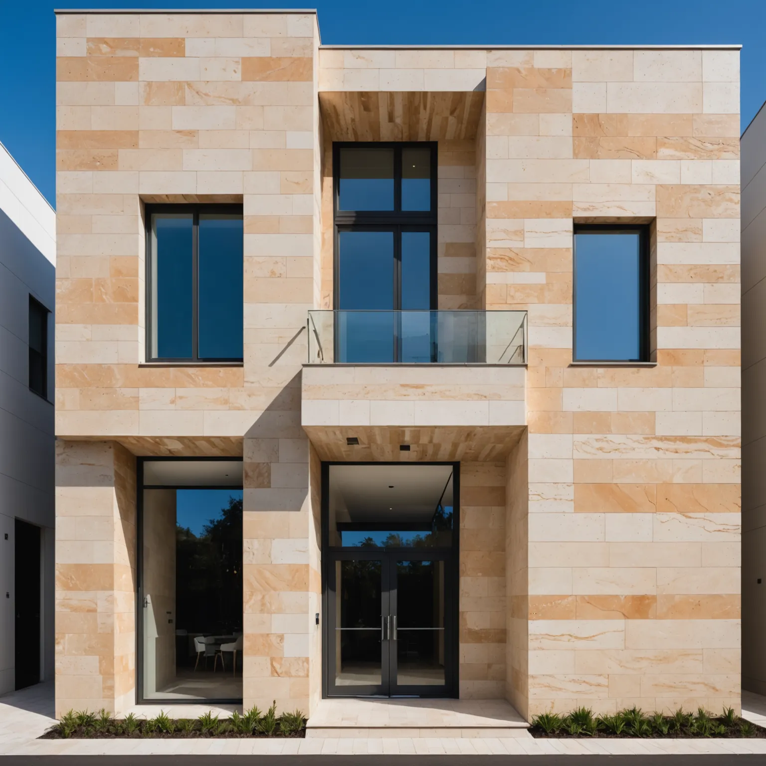 Travertine facade cladding with honed surface texture in modern residential design