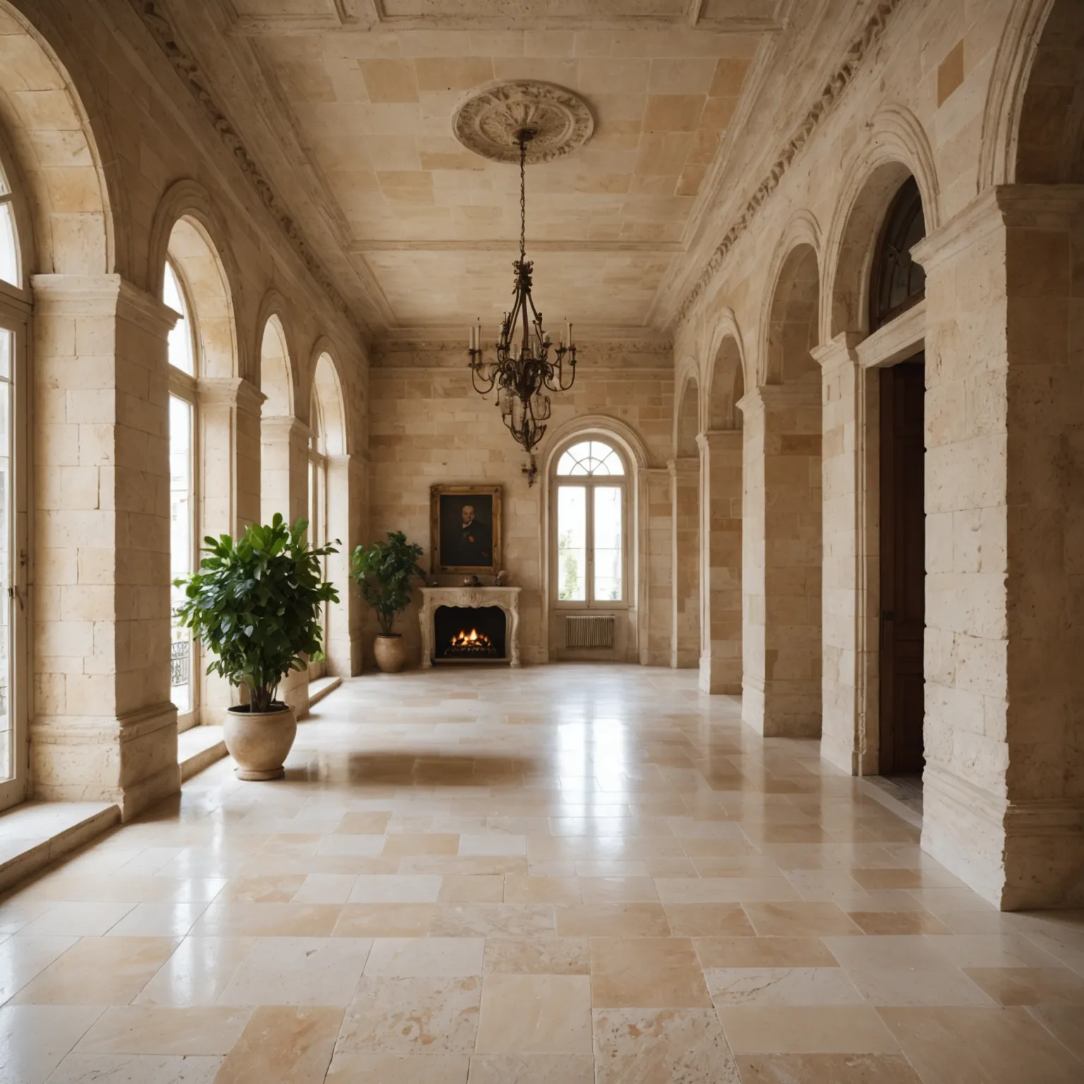 Travertine entrance steps with textured non-slip surface finish