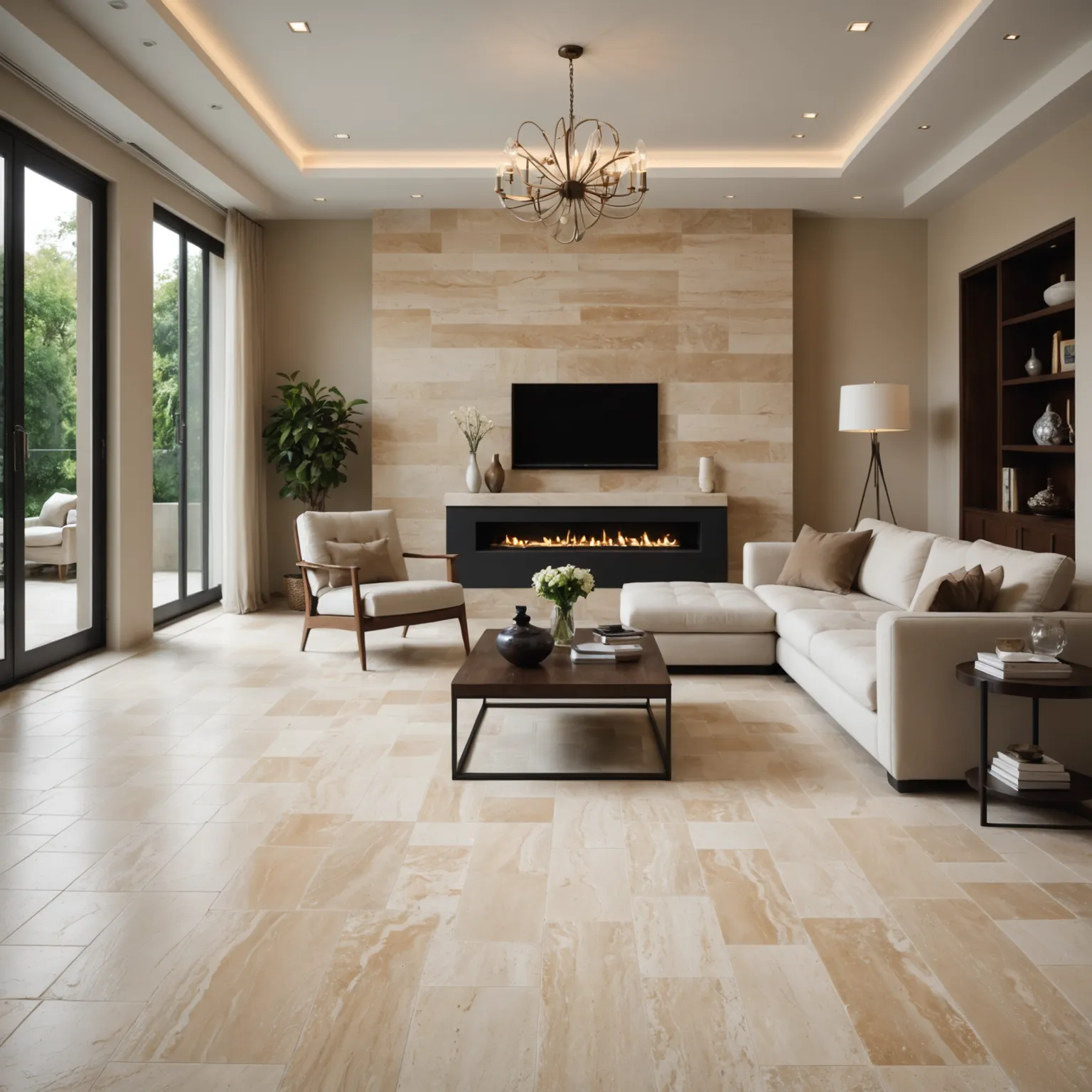 Travertine tile in living room interior with natural texture