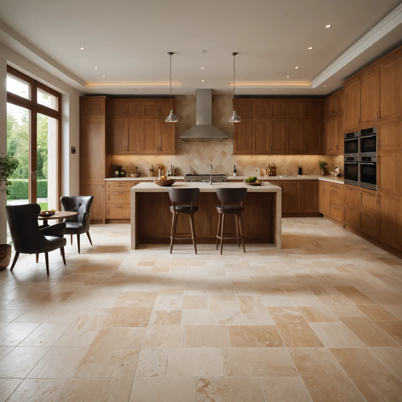 Interior with travertine tile flooring and wall cladding