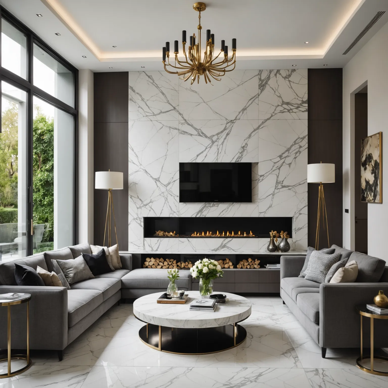 Marble tile with expressive natural veining in a living interior