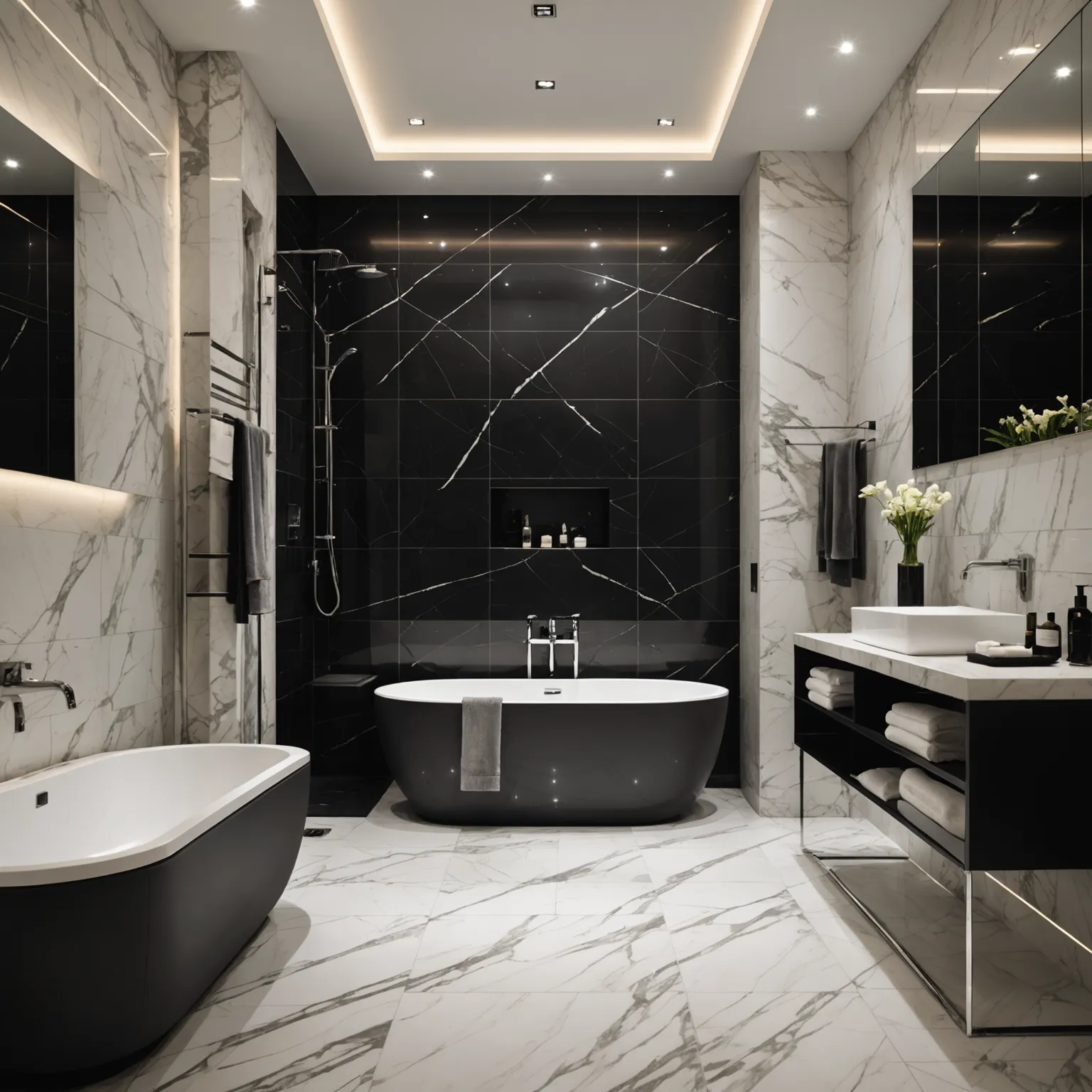 Marble tile combined with wood and metal in a modern interior