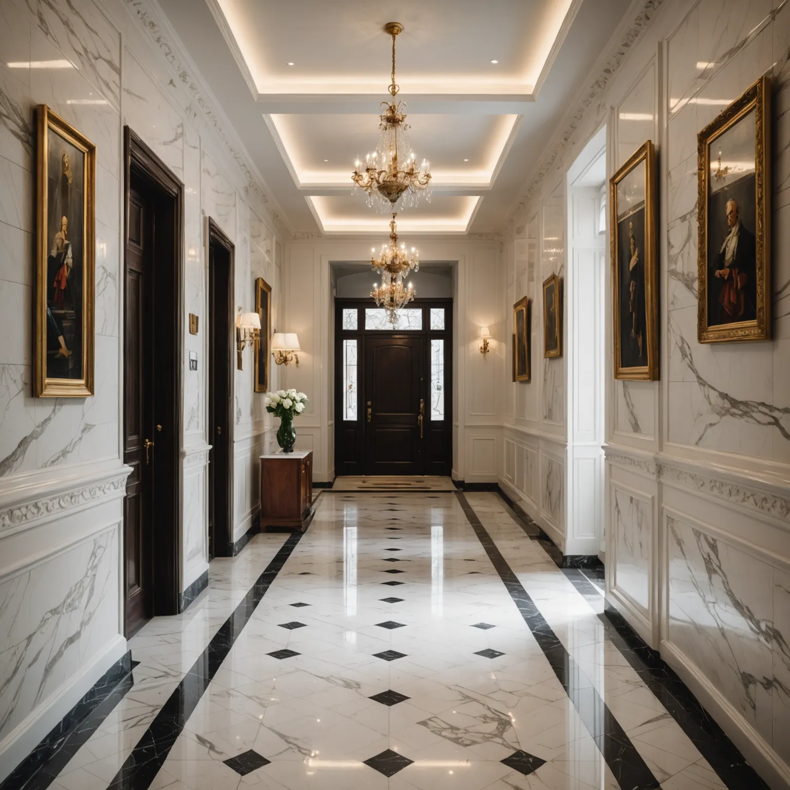 Modern interior with marble tile wall surfaces