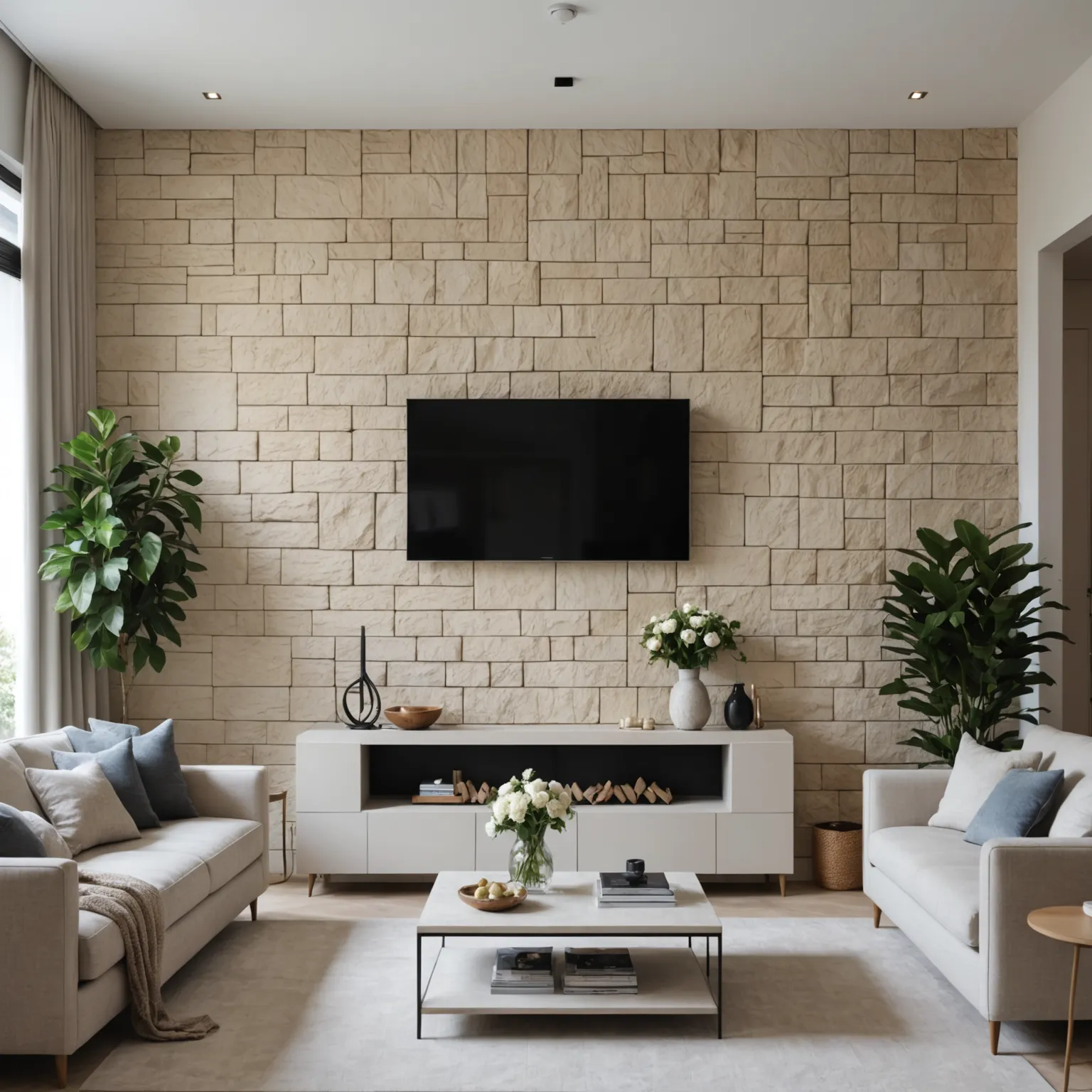 Light limestone accent wall in a modern living room interior