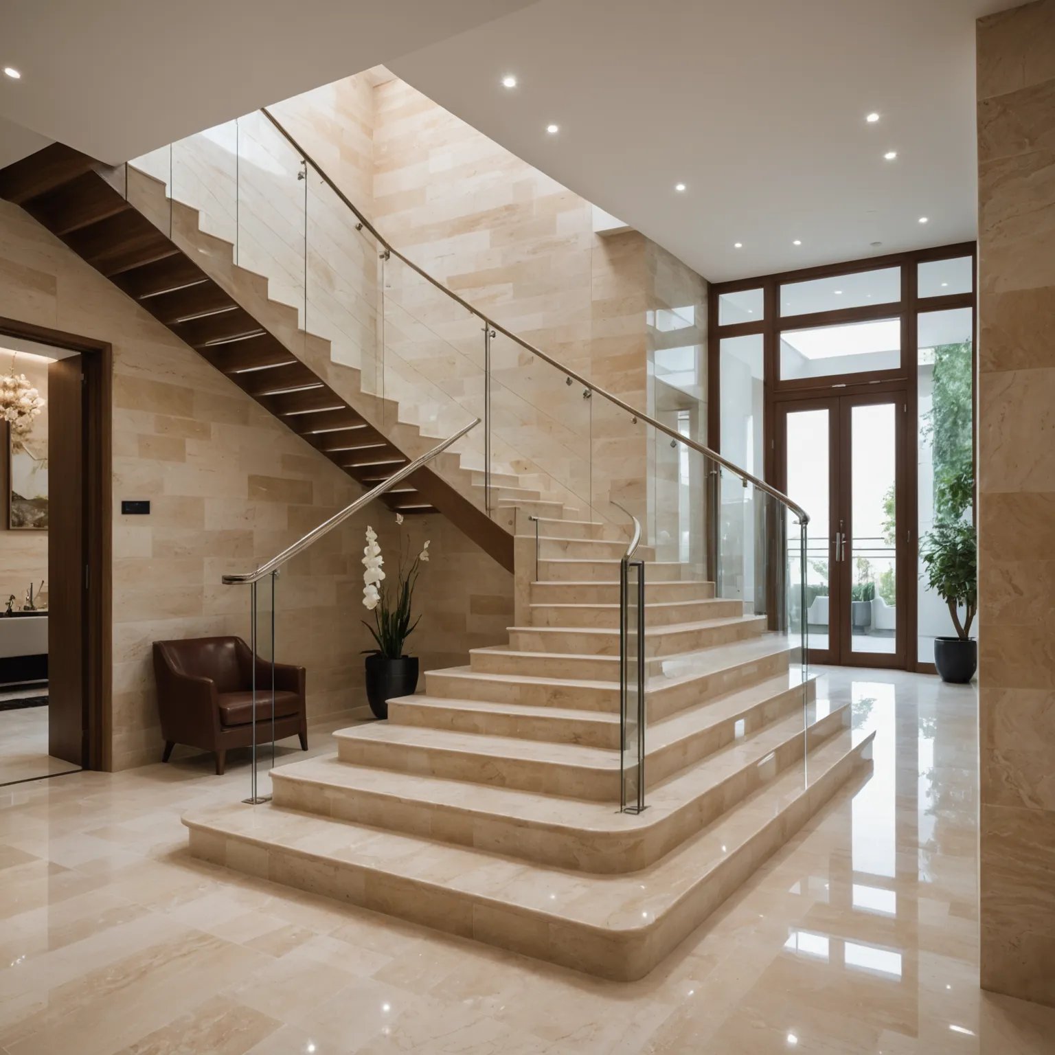 Travertine staircase in a private home interior with natural stone texture