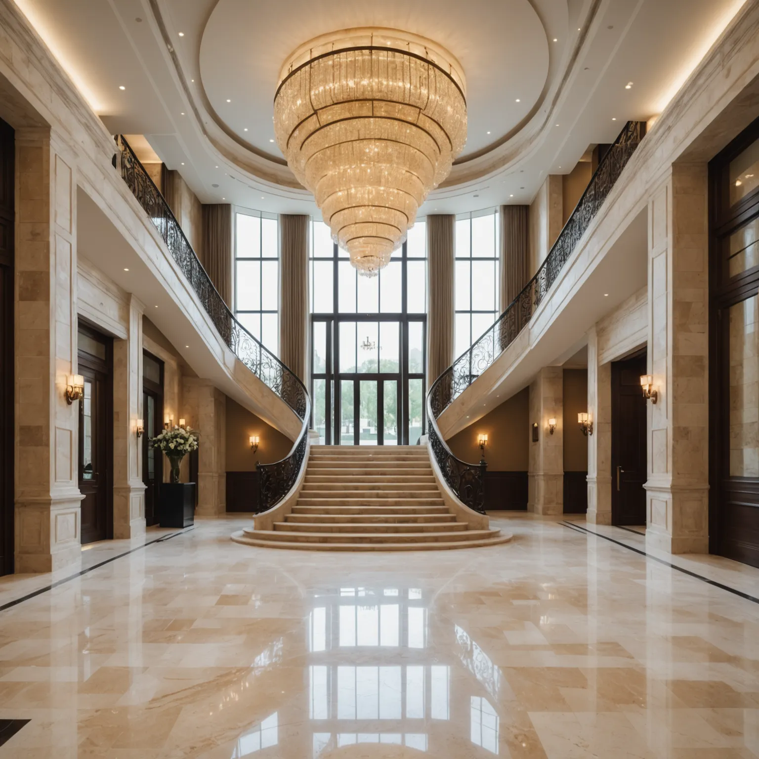 Accent travertine staircase in a spacious residential interior