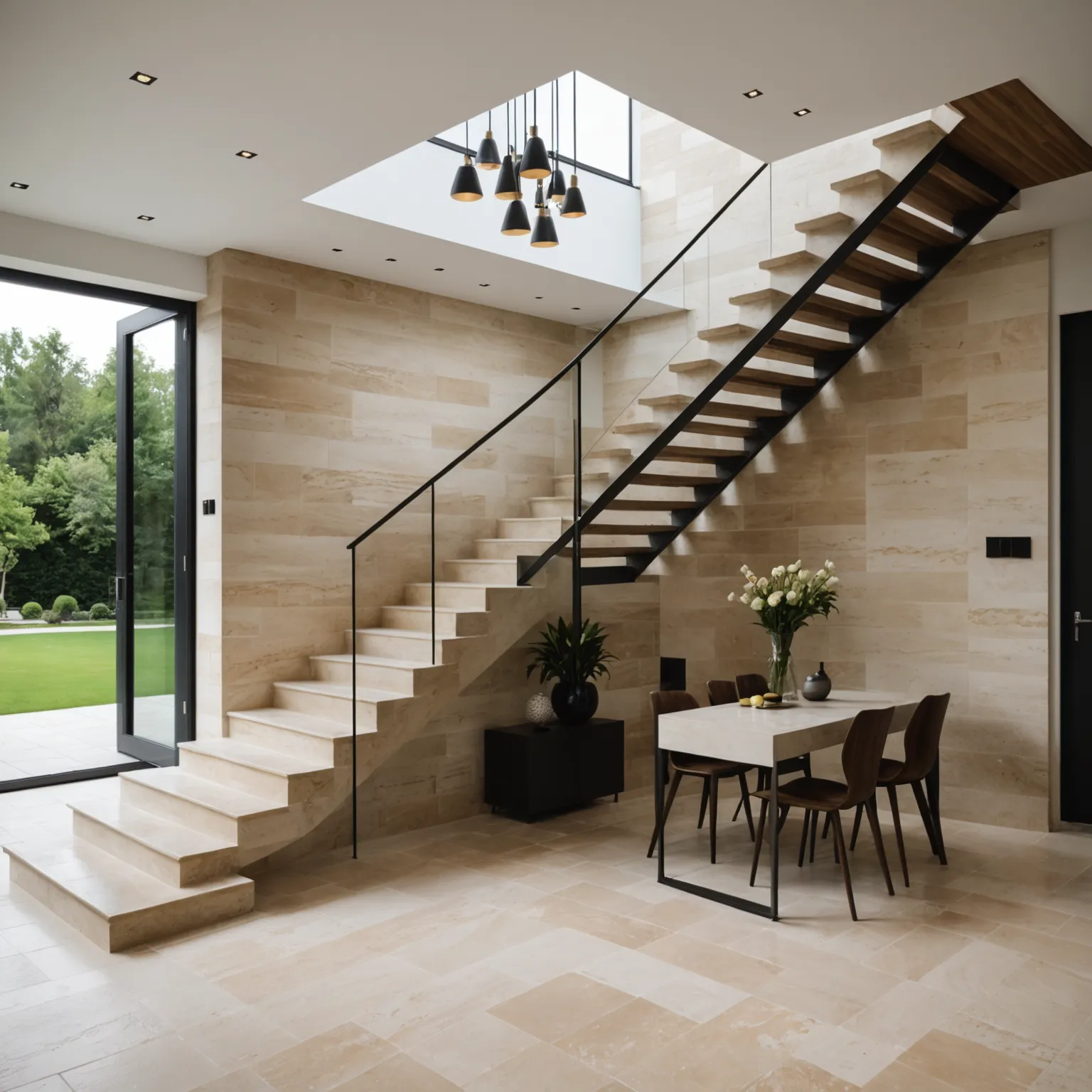 Travertine staircase combined with wood and metal elements